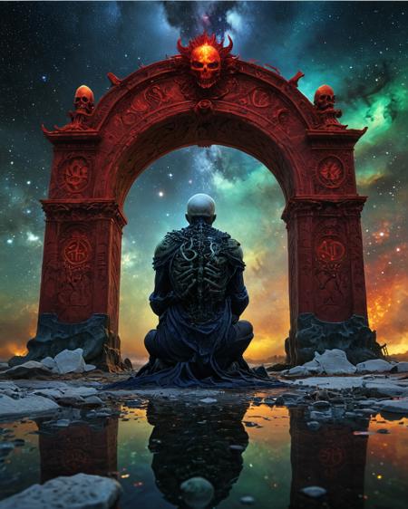 lich wearing a crown kneeling facing away from camera a marble arch, water, reflections, blood, realistic photo, hard science fiction, technology,  deepest black space, stars, colorful nebula, glowing runes, white skulls, brilliant color, scarlet, indigo, crimson, yellow, green, <lora:add-detail-xl:0.75>,  <lora:xl_more_art-full_v1:0.5>   , ziprealism,   <lora:sdxl_lora_beksinski:0.8> b3ks1n