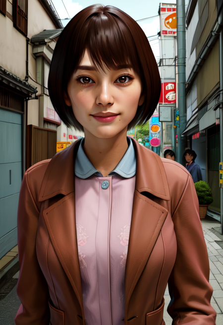 makimura, brown hair,short hair,brown eyes,
standing, upper body,   
pink shirt, jeans, brown jacket, 
 light smile, 
outside, japan streets, 
(insanely detailed, beautiful detailed face,beautiful detailed eyes, masterpiece, best quality),
<lora:MakotoY0:0.8>,