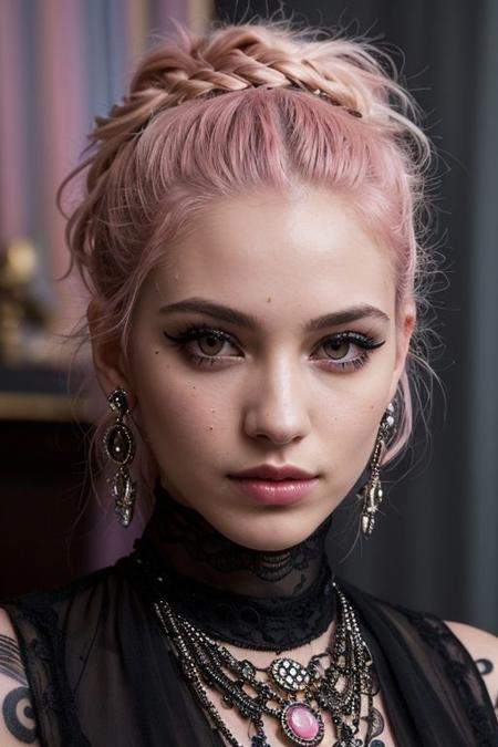(a cute girl, 22 years old, pale skin ,  pink hair ,skinny:1.1),(big boobs , small nipples, Colombian hipster girl, edgy vibe, dark, mascara, eyeliner, dark cheeks, expressive lips, Unique facial piercings, alluring necklace, stylish sexy streetwear, alluring thighs, aesthetic tattoos on her body, almond shaped eyes, Dimples, strong eyeliner eyes ,Defined jawline, skin pores )(best quality, high quality, photograph, hyperrealism, masterpiece, 8k:1.3), mestizo, burly, white shaggy hair, dark skin, smile, (low-key lighting, dramatic shadows and subtle highlights:1.1),(((in the middle of the photoshograph studio))) adding mystery and sensuality, trending on trending on artsy, concept art, (shot by helmut newton:1.1), rule of thirds, black and white, modern ,epiCRealism, epiCNegative