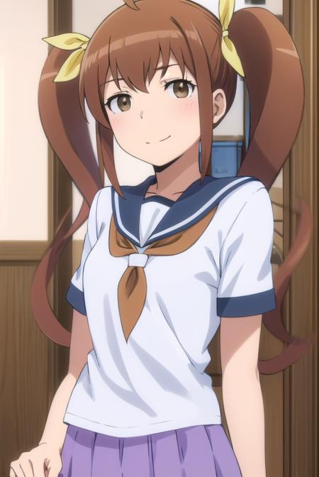 kanaokurusu, <lora:kanao kurusu s2-lora-nochekaiser:1>,
kanao kurusu, brown hair, ribbon, twintails, (brown eyes:1.5), hair ribbon, ahoge, smile, grin,
BREAK skirt, school uniform, serafuku, shirt, white shirt, grey sailor collar, grey skirt, pleated skirt, neckerchief, pink neckerchief,
BREAK indoors, classroom,
BREAK looking at viewer, (cowboy shot:1.5),
BREAK <lyco:GoodHands-beta2:1>, (masterpiece:1.2), best quality, high resolution, unity 8k wallpaper, (illustration:0.8), (beautiful detailed eyes:1.6), extremely detailed face, perfect lighting, extremely detailed CG, (perfect hands, perfect anatomy),