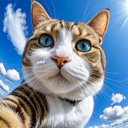 close-up cat taking a selfie, fisheye effect style, happy mood, strong facial expression, blue sky background with cirrus clouds,