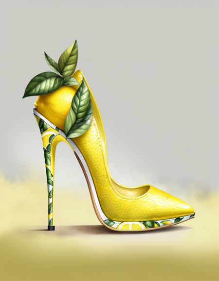 Lemon Themed High Heel Shoe, 8k, digital art, high quality concept design, elegant, intricate details,  <lora:FaeStyle:1>