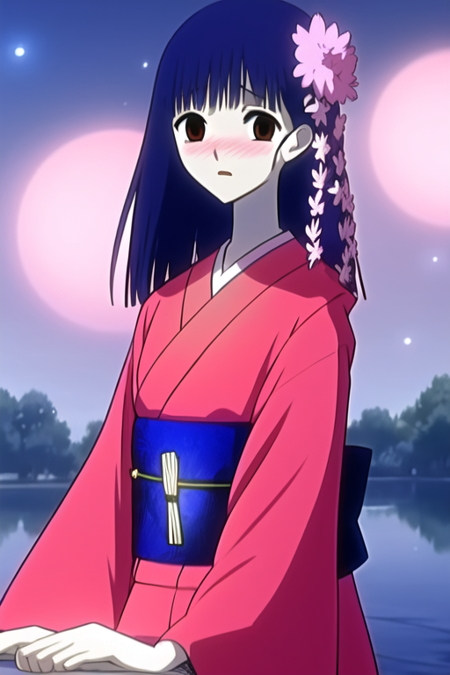 masterpiece, best quality, ZashikiW, 1girl, solo, blue hair, brown eyes, standing,  long hair, surprised, blush, pink kimono, flower, hair ornament,  floral print, sash, black sash, sitting, lake, upper body, looking at viewer, hands on own face, blue light, blue fireflies