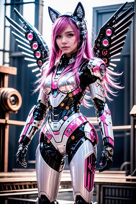 <lora:AgainCyberpunkArmor:0.8>,18 y.o, cuite face, 1girl, long hair, solo, pink hair, pink eyes, portrait, very long hair, looking at viewer, standing, animal ears, breasts, mechanical arms, science fiction, cyborg, necktie, chibi, wings,