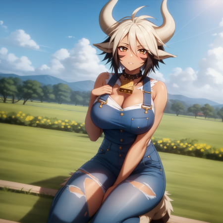 <lora:Cathyl:1>,
anime screencap,farm,outdoors, 
1girl, cow girl, cow horns, cow tail, muscular female, cow ears, cowbell, overalls, neck bell, solo,cow print,  (dark-skinned female:1.3), animal print, white hair, multicolored hair, dark skin, sitting, seiza, full body, hair between eyes, brown eyes, large breasts, looking at viewer, torn clothes, short hair, cleavage, brown hair, monster girl, (hooves:1.2), own hands together, black hair