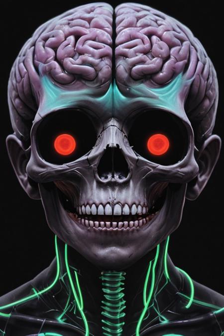 A man drowning inside his own mind. FRONT VIEW. Subliminal messaging, Horror, neon-colored brain scan aesthetic on black background. the figure of a skull is seen inside the brain scan. Psychedelic brain scan. Horror, Vibrant, glowing neural pathways Abstract, futuristic aesthetic. Style mimics bioluminescence art. Sharp contrast between vivid colors and deep black background. realistic rendering of brain lobe. Conveys sense of brain death, cognitive decline, and mental degradation. Sharp jagged teeth. Horror theme.