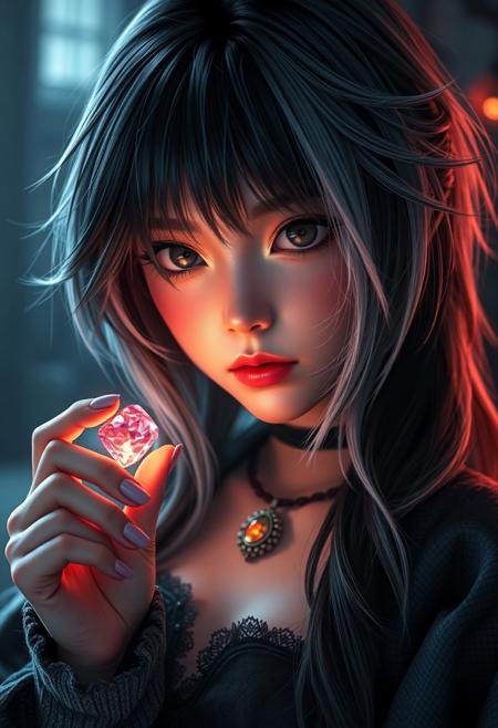 Dusky-somber, nightmare woman with black-and-platinum hair, adventure heroine in a cute style, holding a small, softly glowing wish-ruby, high-realism and detail, pastel-toned, cinematic and dramatic, lifelike, photogenic, wide-angle perspective, sharp focus on the character, motion-blur in background, shimmer in asymmetrical hair
