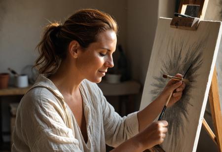 *A hyper-detailed candid Híper realistic (8K) portrait of a 38-year-old woman with sun-kissed olive skin and auburn waves loosely tied back, her freckled nose catching the light. She stands at an easel in a sunlit studio, one hand holding a paintbrush, the other wiping a smudge of ochre pigment from her linen smock. Laugh Lines crinkle as she squints at her canvas, lips parted in concentration. The background blurs into muted earth tones—clay pots, dried brushes, a draped kilim rug. Shot on a Nikon Z8 with a 50mm f/1.2 lens, highlighting her chin scar, flyaway hairs, and the texture of her ink-stained fingers.*
