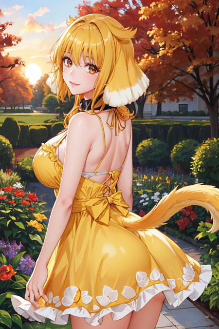 masterpiece, best quality, <lora:haremroxanne-nvwls-v1-000009:0.9> roxanne, dog ears, collar, yellow sundress, from behind, looking at viewer, garden, autumn, sunset, large breasts, ass, smile <lora:edgChamYellowSundress:1> edgYSD,woman wearing a yellow sundress, dog tail