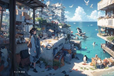 penguin, fish, cloud, outdoors, bird, sky, 1girl, hat, english text, food, day, scenery, shirt, standing, ocean, window, bag, building
<lora:huafeng:0.8>