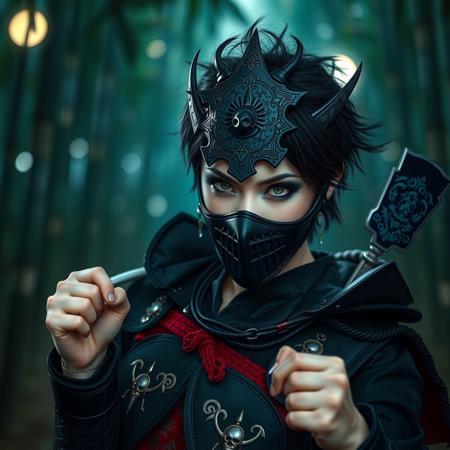 1girl, beautiful pwoman, black hair, short messy hair, 25 yo,, ((beautiful smile))), black lips,(exotic dancer on a stage :0.9), detailed eyes, photorealistic eyes, distance shoot, green eyes, black eye shadow, eye liner, big eyelashes, A photorealistic full-body vertical portrait of a fierce emo samurai girl with pale skin and sharp, aggressive features. She wears intense goth makeup: heavy black eyeliner, dark eyeshadow, and a cold, defiant gaze. Her expression is intimidating and powerful. She dons a dark, gothic-style mengu mask with spiked elements, skull motifs, and intricate metallic engravings. Her tribal-style samurai armor is infused with goth-punk aesthetics—black leather, crimson velvet inlays, turquoise threadwork, and jagged ornamental patterns. Her stance is strong and confrontational in a moonlit bamboo forest. The atmosphere is moody and cinematic, with soft bokeh, dramatic lighting, and a grainy 16mm film look. Highly detailed, rich in emo and goth influence, with no text or letters in the image.

Simulating Kodak Ektacolor Pro 160, with a custom white balance at 5500K. cinematic lighting, analog film, film grain, kodak chrome, cool cinematic tones,high contrast, sharp details, with moody lighting that adds depth,. (cinematic atmosphere:1.3), deep photo, depth of field, (black hair)), , (ambient occlusion), (cinematic lighting:1.3), (4K image quality:1.3), (sharp detail:1.3), (highly realistic:1.3), (dim warm cinematic lighting:1.3)


