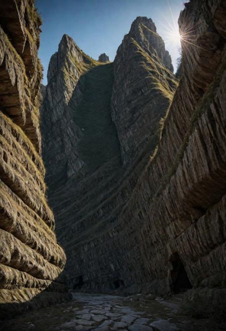 Surreal, a strange looking mountain with lots of strange chiseled rocks y mouth and chiselled teeth, uncanny, deep shadows, random noises,(landscape focus:1.1), 
,mayamaze