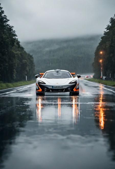 Step into a mesmerizing scene where the McLaren phenomenon meets futuristic concept photography. The car, painted in a pristine white with striking orange trims, glides through a landscape bathed in a faded blend of white and black hues. Captured in stunning 32k UHD resolution, the image exudes intensity with its motion-blurred effect, conveying the sensation of speed on a rain-soaked highway. From a side view, the McLaren cruises through the rain, extra motion blur emphasizing its swift movement. Headlamp lights pierce through the darkness, casting dynamic reflections that dance along the wet surface. Intense close-ups and precise nautical detail draw the eye, while the sleek contrast of the McLaren against the backdrop adds to the captivating allure of the composition. Rendered in realistic 8k HD HDR XDR, every pixel is a masterpiece, blurring the line between imagination and reality.