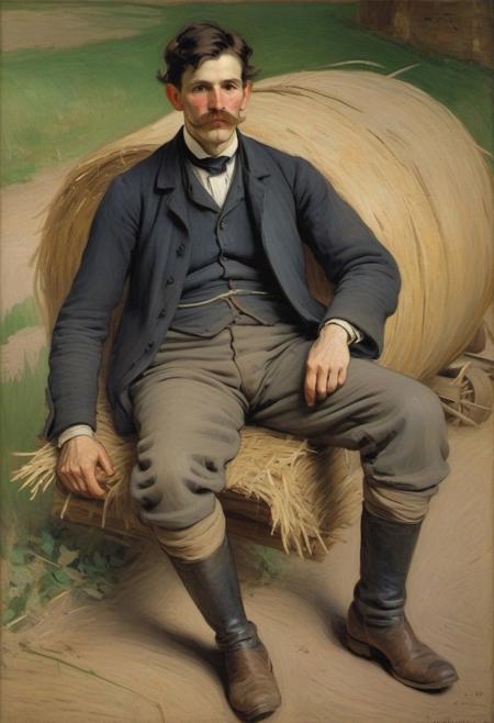 impressionist painting with rough brush strokes by Berthe Morisot, full portrait of drunk farmer with moustache sleeping on hay wagon seat, 17th century farmer, work clothes, toned body, , chiseled cheeks, short messy hair, muddy boots, early evening sunlight