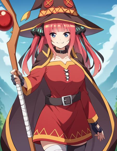 <lora:megumin-cosplay-ponyxl-lora-nochekaiser:1>, megumin cosplay, megumin (cosplay), thighhighs, gloves, hat, dress, black gloves, belt, black thighhighs, fingerless gloves, cape, collar, witch hat, bandages, red dress, single thighhigh, asymmetrical legwear, bandaged leg,