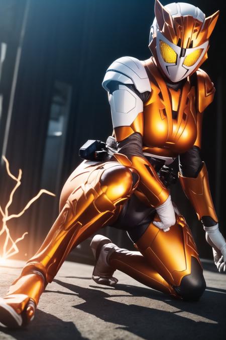 kamen rider valkyrie RC, (1girl, solo, mature female,medium breasts,wide hips,cameltoe), holding, glowing yellow eyes, weapon, holding weapon, kneeling, armor, gun, glossy skin tight bodysuit, helmet, holding gun, handgun, tokusatsu, 1girl, female focus, kamen rider, one knee <lora:kamen_rider_valkyrie_RC-10:0.6>