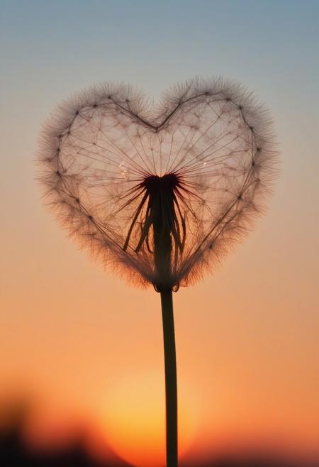 a little red heart in a dandelion seed, lit by the sunset sky background in the color of the sunset