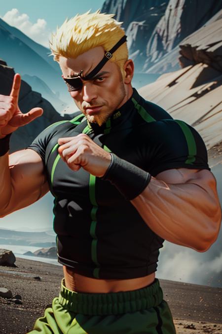 ramonkof, green pants,  green and black shirt, tight shirt, eye patch, facial hair, detailed face, bracelets, fighting stance, at the mountains, medium shot <lora:RamonKOF-000005:0.98>  detailed eyes, best quality, masterpiece, highres, perfect picture, highly detailed, high contrast , digital colors, bright colors <lora:LowRA:0.1>