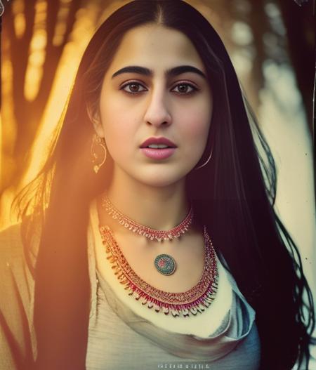 (SaraAliKhan) , art by Henriette Grindat, photograph, Wanderlust Woman, Good Necklace, Winter, Screen print, Depressing, natural lighting, film grain, Polaroid, F/2.8, ethereal magical atmosphere,  <lora:SaraAliKhanSD1.5:1>