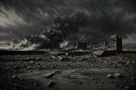 a professional landscape photo of large city ruins in postnuclear winter, smoke, dramatic, gloomy, dark, scary, master piece, soft light, ultra detailed, ultra high quality, sharp focus, 8k uhd, dslr, soft lighting, high quality, 25mm f1.4, film grain, fujifilm xt3, by  Roman Robroek  <lora:XSArchi_135Ruins sceneåºå¢åºæ¯:1>
