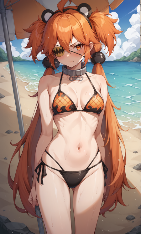 koleda, orange eyes, eyepatch, orange hair, ahoge, long hair, two-side up, low twintails, black bobbles, hair bobbles, fake animal ears, metal collar  crop top, sleeveless, flame print, asymmetrical gloves, fingerless gloves, jumpsuit around waist, loose belt, belt pouch, white pants, metal armbands, single elbow glove