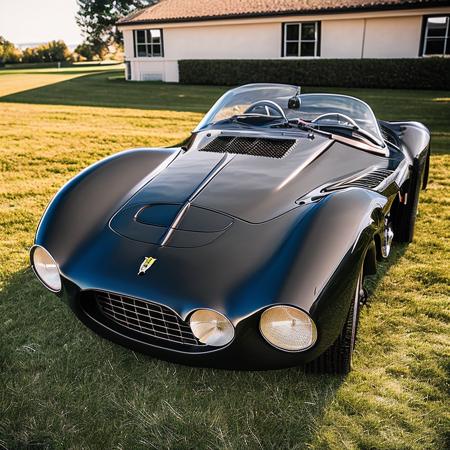 photo of a black Ferrari 250 Testa Rossa, parked on grass, beautiful sunny day, sun flare, in crpht-4300 photography style