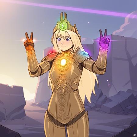 infinitygauntlet, 1girl, solo, blonde hair, long hair, purple eyes, armor,