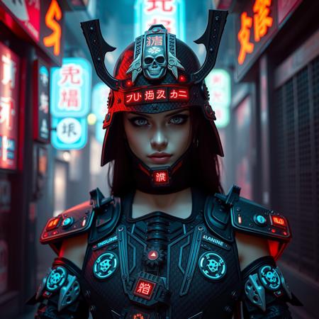  A photorealistic full-body vertical portrait of a fierce goth vampire samurai girl with pale skin and sharp, aggressive features, set in a dystopian Neo-Tokyo inspired by Blade Runner. She has intense goth makeup with heavy black eyeliner and dark eyeshadow, and a cold, defiant gaze. Her mengu mask is gothic and futuristic, with skull motifs, spiked edges, and glowing engravings in neon red and electric blue. Her samurai armor blends tribal and cyberpunk influences: black carbon fiber plates, crimson LED accents, turquoise circuitry, and angular, tech-enhanced design elements. She stands confidently in a rain-slick neon-lit alley, surrounded by holograms, mist, and glowing kanji signage. The atmosphere is dark, cinematic, grainy like 16mm film, and full of cyberpunk tension. No text or letters appear in the image.   The atmosphere is moody and cinematic, with soft bokeh, dramatic lighting, and a grainy 16mm film look. Highly detailed, rich in emo and goth influence, with no text or letters in the image.

Simulating Kodak Ektacolor Pro 160, with a custom white balance at 5500K. cinematic lighting, analog film, film grain, kodak chrome, cool cinematic tones,high contrast, sharp details, with moody lighting that adds depth,. (cinematic atmosphere:1.3), deep photo, depth of field, (black hair)), , (ambient occlusion), (cinematic lighting:1.3), (4K image quality:1.3), (sharp detail:1.3), (highly realistic:1.3), (dim warm cinematic lighting:1.3)
