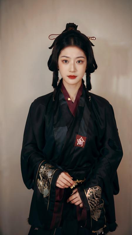 xiaolu,(han Makeup:1.3),(black hanfu:1.4),fine - art photography,soft portrait shot 8 k,mid length,ultrarealistic uhd full body,unsplash,(kodak ultra max 800),85 mm,intricate,centered symmetrical composition,stunning photos,masterpiece,grainy,centered composition,(sharp face:1.2),<lora:Han_Makeup_v1.0:0.8>,(solo:1.5),jewelry,holding,earrings,hair ornament,black eyes,long sleeves,full body,closed mouth,hairpin,