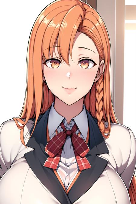 Simple Background, White Background,
White blazer,shirt,ribbon,plaid_vest,plaid_skirt,
<lora:Yuuki_Oikawa_Family_Control-KK77-V2:0.7>,smile,
orange_long_hair,orange eyes, single braid,
<lora:Oda_Non_Style-KK77-V2:0.3>,<lora:more_details:0.1>,
1 girl, 20yo,Young female,Beautiful Finger,Beautiful long legs,Beautiful body,Beautiful Nose,Beautiful character design, perfect eyes, perfect face,expressive eyes,perfect balance,
looking at viewer,(Focus on her face),closed mouth, (innocent_big_eyes:1.0),Light_Smile,
official art,extremely detailed CG unity 8k wallpaper, perfect lighting,Colorful, Bright_Front_face_Lighting,White skin,
(masterpiece:1.0),(best_quality:1.0), ultra high res,4K,ultra-detailed,
photography, 8K, HDR, highres, absurdres:1.2, Kodak portra 400, film grain, blurry background, bokeh:1.2, lens flare, (vibrant_color:1.2),professional photograph,
(Beautiful,large_Breasts:1.4), (beautiful_face:1.5),(narrow_waist),