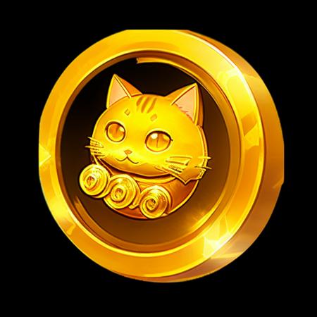 A gold coin with an cat on it, (masterpiece, top quality,best quality, official art, beautiful and aesthetic:1.2), Game ICON, masterpieces, HD Transparent background, Blender cycle, Volume light, No human, objectification, fantasy, Negative prompt, best quality,<lora:jinbione-000018:1>