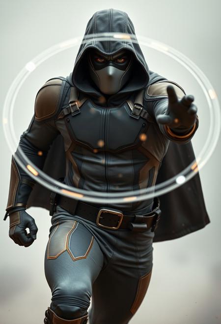 british superhero in a grey and tan bodysuit shooting rings of concussive force towards the camera