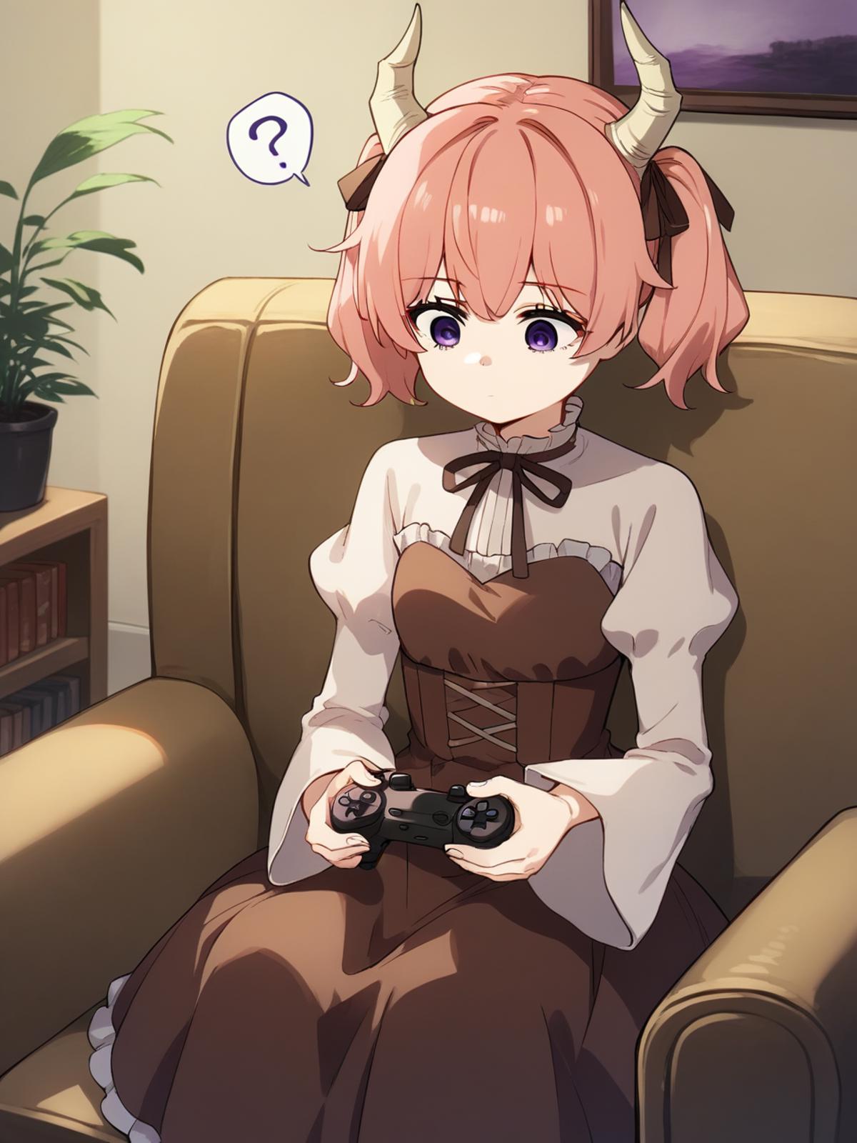 1girl, sitting, holding game controller, (looking down:1.2),
Linie, horns, pink hair, short twintails, purple eyes, brown ...