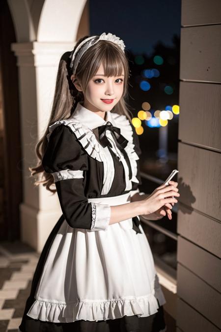 realistic, photorealistic, masterpiece, best quality, 1girl, solo, standing in castle, night, looking at viewer, smile,maid_dress, <lora:Cute Asian Face:0.7>, <lora:maid_dress_v1:0.75>