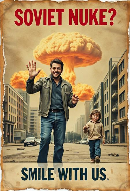 “A decayed, vintage-style poster from 2024, weathered and torn, depicting a surreal and apocalyptic scene in a contemporary setting. The faded image shows a man (the father) and his young son, both in modern clothes. The father holds the son’s hand with one hand, while making an exaggerated ‘OK’ sign with his other hand, his wide, mad smile radiating an eerie and unsettling charm. In the far background, a massive nuclear mushroom cloud rises ominously, with fiery orange fireballs at its base and visible blast waves rippling through the urban landscape. The scene is set in a desolate, abandoned city, with ruined buildings and empty streets. The poster’s bold text, ‘SOVIET NUKE?’ across the upper section and ‘SMILE WITH US’ in the lower section, is faded, smeared, and inked with scribbles and stains. The paper appears rotten, with tears, creases, and discolored edges, contributing to the haunting, post-apocalyptic atmosphere of the piece.”