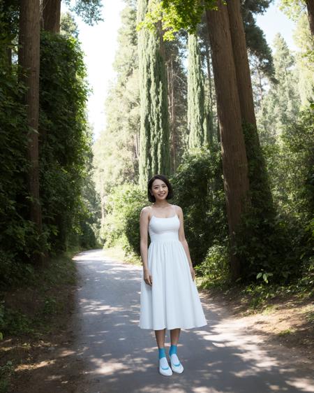 a woman in a white dress standing in front of forest with blue sky ,full body, socks,