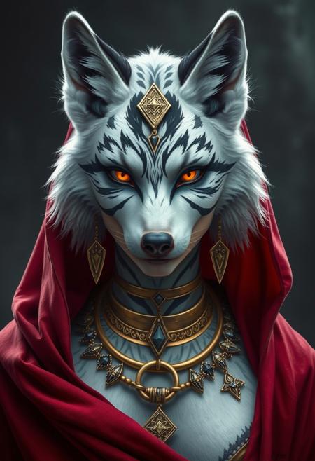 Create an image of a mystical female girl with wolf ears intricate tribal markings, adorned in elaborate jewelry and accessories, set in a dark, atmospheric environment. The character should have a mysterious and powerful aura, with detailed white fur texture with black stripes and glowing split eyes and human face. wearing a (((single thick, gold ring collar around her neck, smooth and shiny, resting just above her collarbone, the collar looks like a ((((((((((single ring)))))))))) with a slightly oval cross section look with a (((((leash-ring attached at front)))))))), red cape, red riding hood