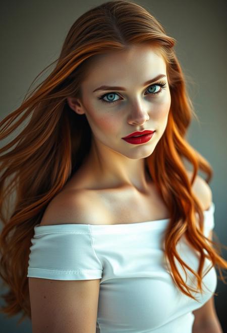 A cinematic portrait of a captivating 25-year-old woman, her fair skin adorned with freckles. Her piercing blue eyes, framed by a cascade of long, flowing fiery red hair styled in sleek, confident waves, exude a sense of commanding allure. A soft, ethereal light illuminates her delicate features, enhancing the natural beauty of her carefully applied makeup: a smoky eye to accentuate her gaze, a contour to define her cheekbones, and a matte red lipstick to empower her lips. She wears a simple yet alluring outfit: a white, off-the-shoulder crop top that draws attention to her graceful collarbones, paired with high-waisted, light-wash jeans that accentuate her figure. The photographer has masterfully captured a moment of timeless elegance, her gaze direct and confident. The image evokes a feeling of empowered femininity.