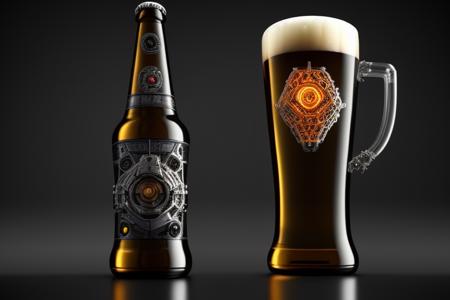 d47d cybernetic, intricate beer, product photo, 3d octane render, intricate details, complex lighting, ray traced reflections, metallic, by huleeb, trending on behance, trending on artstation