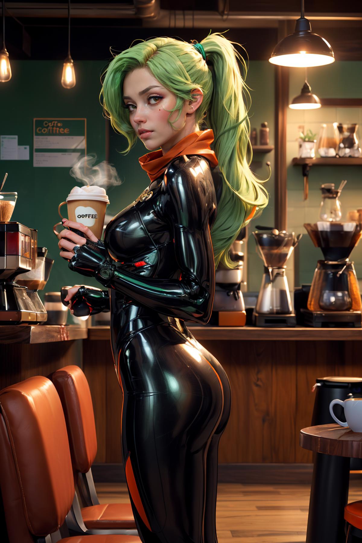 A woman in a tight black latex suit sipping coffee at a cafe.