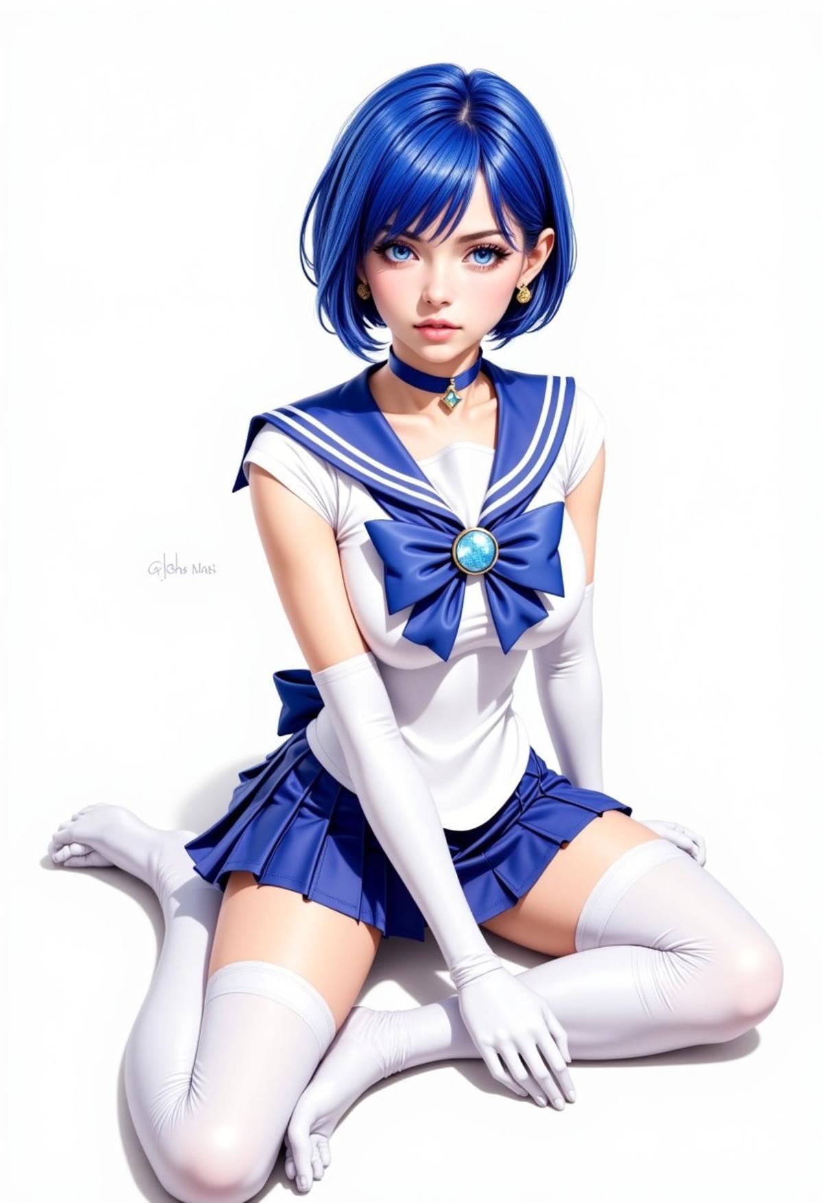 1girl, solo, breasts, looking at viewer, short hair, bangs, blue eyes, skirt, shirt, thighhighs, gloves, bow,  jewelry, sitting, blue hair, collarbone, white shirt, thighs, pleated skirt, earrings, parted lips, choker, elbow gloves, white gloves, miniskirt, sailor collar,  white thighhighs, lips, blue skirt, skindentation, arm support, magical girl, blue sailor collar, single thighhigh, stud earrings, sailor senshi uniform, blue choker, mizuno ami, sailor mercury