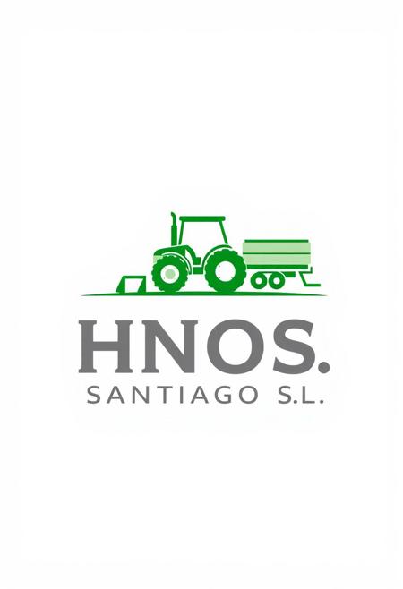 A professional logo design for 'HNOS. SANTIAGO S.L.', featuring a clean and modern design focused on agricultural machinery. Include icons such as a sleek outline of a tractor, a trailer, and a tipping platform in green and gray tones. Add the text 'HNOS. SANTIAGO S.L.' in bold, modern font below the icons, and the tagline in a smaller, italicized font. Use a minimalistic style with a focus on functionality and precision, ensuring the logo reflects reliability and innovation.