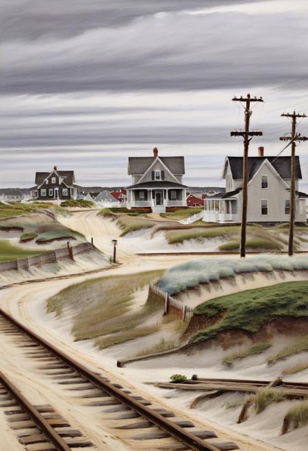 <lora:03realismPainting_Hap_XL:2.6>, realism,American art,oil painting, coastal town, houses, railroad, telephone pole, grassy dunes, overcast sky, rural, small town, quiet, landscape, New England, Americana, muted colors, simple life, serene,
