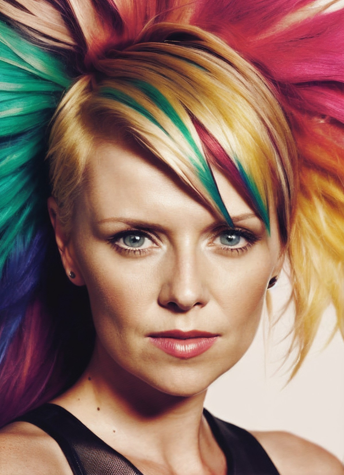 portrait of sks woman by Flora Borsi, style by Flora Borsi, bold, bright colours, rainbow Mohawk haircut, ((Flora Borsi)),...