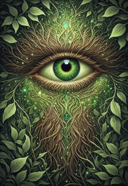 portrait, novuschroma style, green soul of the forest, forest spirit, ancient forgotten god, fantasy, nature, bright vivid colors, mystical particles, spectacular details, highly detailed, cinematic, surreal, great composition, dynamic light, inspired, very intricate, peaceful, relaxed, amazing, creative, positive, artistic, vibrant, beautiful, elegant, perfect, focused, eyedetailpxl, ornate border, wood carving,circuitrytech,scifi,glowinglora