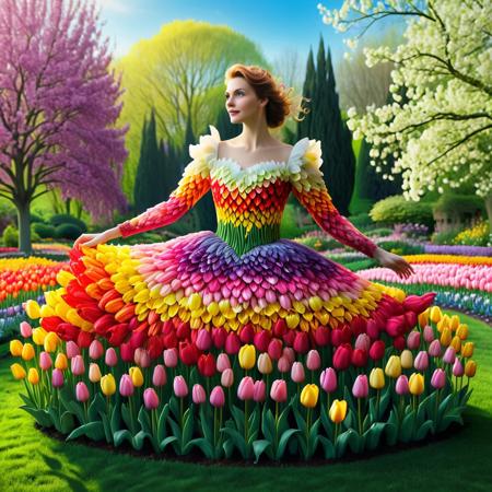 jaynl-tm, made of tulips, A fair-skinned woman stands in the heart of her home garden, surrounded by breathtaking scenery in a flower fantasy world. She wears a full-sleeve fairy dress made entirely of multicolored tulip petals—each petal vibrant and soft, layered in flowing patterns of red, yellow, pink, purple, and white. The delicate sleeves ripple in the breeze, blending seamlessly with the lush garden around her. Tulips of every hue bloom endlessly at her feet, forming a sea of color beneath a bright and beautiful sky, where the sun casts a golden glow over the land. Rolling meadows, flowering trees, and distant hills paint the background in soft, dreamy tones. Birds sing from blooming branches, butterflies dance in the air, and a gentle wind carries the sweet scent of flowers. She stands serenely, a radiant vision of nature’s magic and grace—completely at home in this vivid, fairytale-like garden sanctuary, Masterpiece level quality, soft lighting, bright lighting, sharp focus, fine details, high quality, precise, high resolution, 4k, 8k,