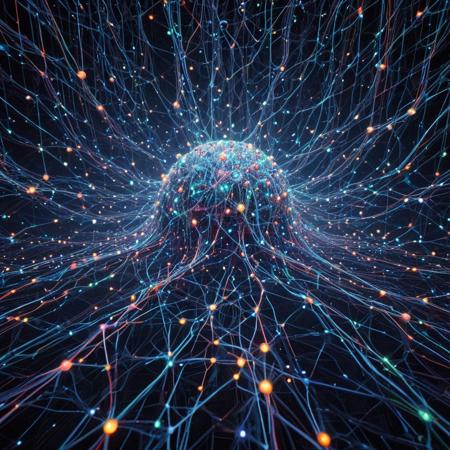 Serene hyper-realistic image of a complex neural network structure floating in a digital void, with nodes connecting like a web of lights. Abstract data streams flowing through, representing AI computations. Subtly incorporate ColourfulLED LoRA for glowing LED accents on the nodes, symbolizing machine learning processes. High detail, artistic composition, evoking the essence of working with LLM and SDXL models.