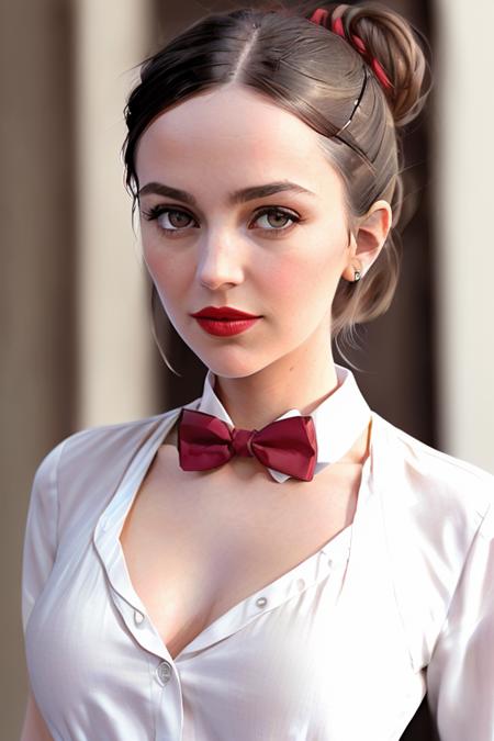 photo of a woman, ellahunt:0.99,((hair up, hair in bun):1.2) ((bowtie, white shirt):1.2), ((closeup, portrait)),((outdoors, city):1.2),((red lipstick,heavy eyeliner, heavy eye shadow, blush):1.2), ((best quality, masterpiece, extreme details, high resolution):1.2),((detailed eyes, beautiful eyes, detailed face, beautiful face):1.2)