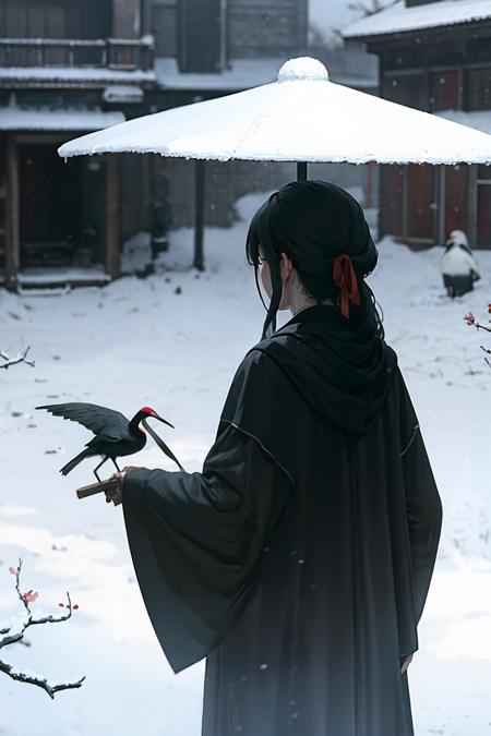 masterpiece, best quality, <lora:hanfu:1>,hanfukozue, long hair, umbrella, oil-paper umbrella, spot color, solo, very long hair, black hair, petals, snow, chinese clothes, flower, branch, monochrome, 1girl, hanfu, 1boy, tree, from behind, bird, male focus, cherry blossoms, wide sleeves, long sleeves, snowing, hair ribbon, ribbon, standing, greyscale, crane (animal)