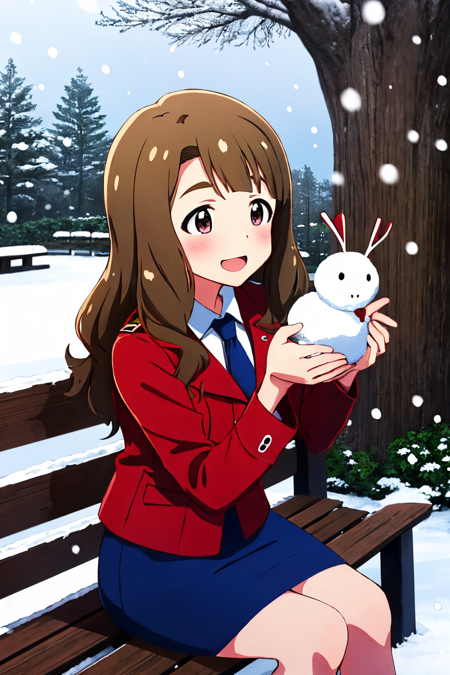 miyao miya, snowing, open mouth, outdoors, pencil skirt, snowflakes, holding snow bunny, sitting, snow, snow bunny, smile, necktie, red coat, tree, 1girl, bench, white shirt, blush, blue skirt <lora:miyao_miya_locon:0.8> <lora:fingers4civitai:1:1:lbw=OUTALL>